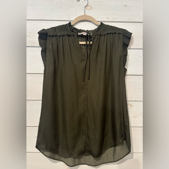 LOFT Olive Green Ruffled Tie Front Blouse - Picture 1 of 16